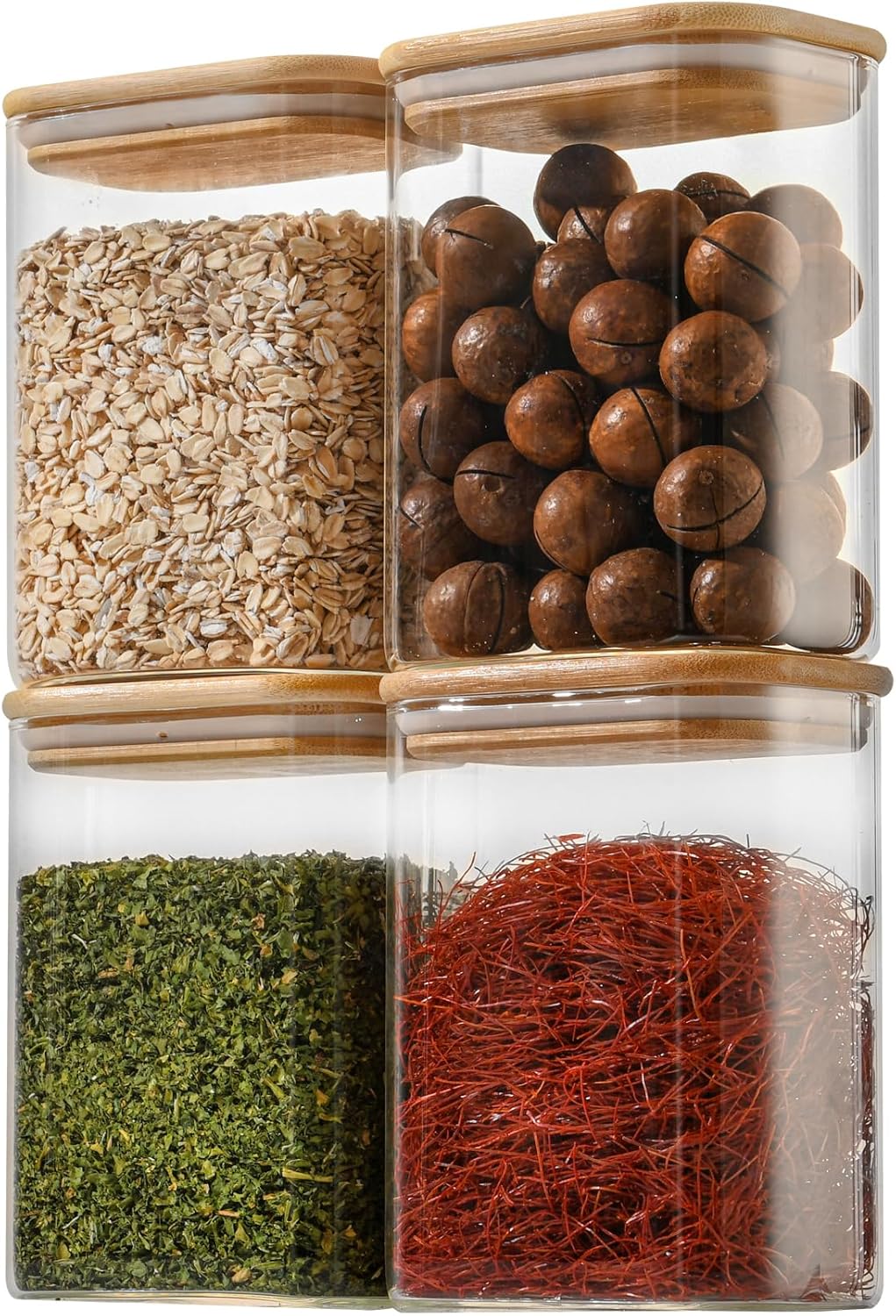 37oz Rectangle Airtight Glass Storage Containers with Bamboo Lids (Set of 4), Square Food Storage Jar, Pantry Organizers for Cereal, Nuts