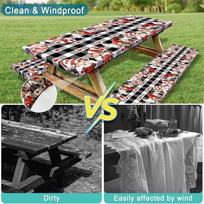 Valentine's Day Picnic Table Cover with Bench Covers, Camping Essentials, Valentines Decor Waterproof Windproof, Fitted Tablecloth Cover with Elastic Edge, Outdoor Table Covers, 3 PCS, 30x72 Inch