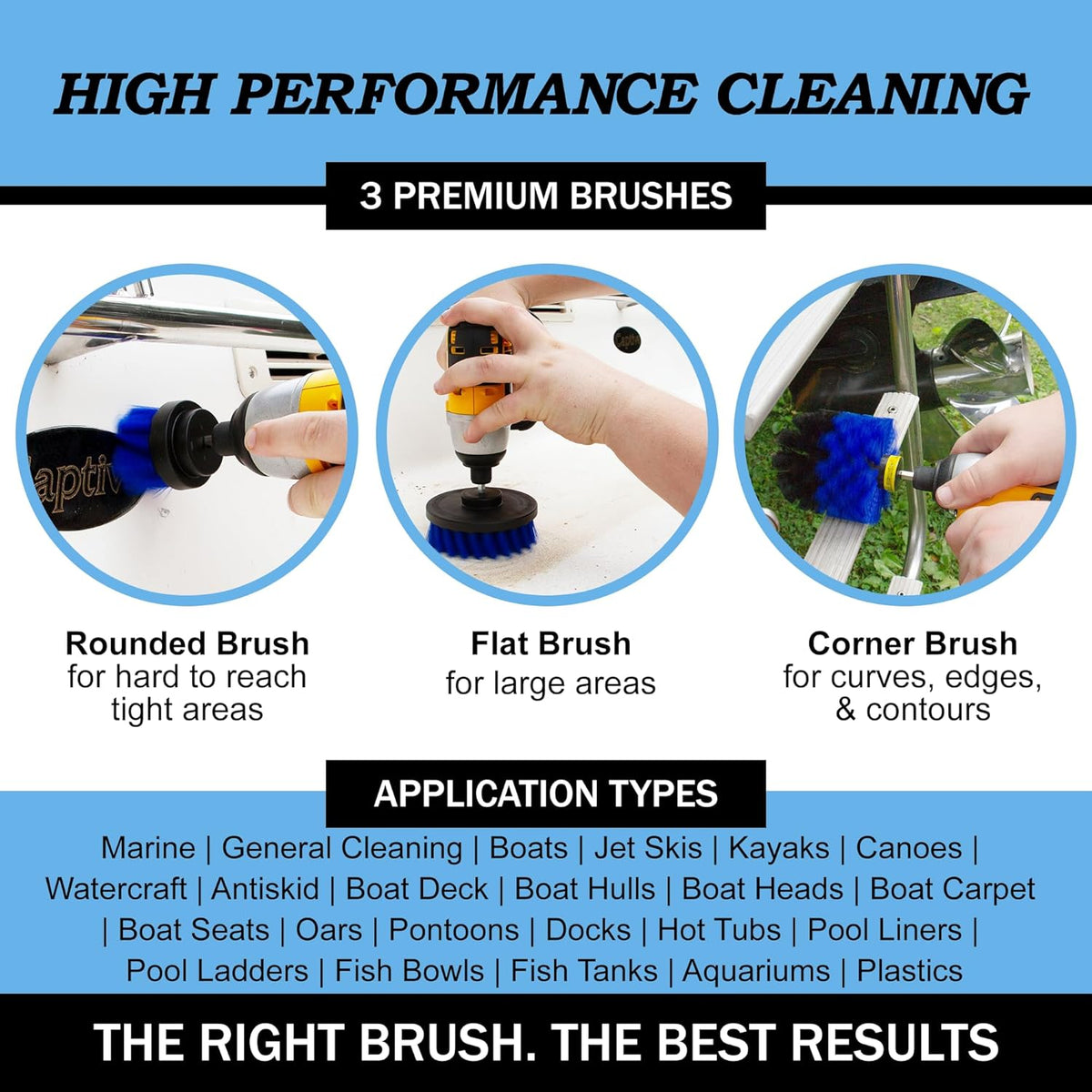 Drillbrush Boat Accessories – Kayak Cleaning Kit – Boat Cleaning Brush Kit – Marine Scrub Brush Attachment for Drill – Rotary Brushes for Boats – Motorized Hull Power Scrubber Set - Hull Cleaner Set