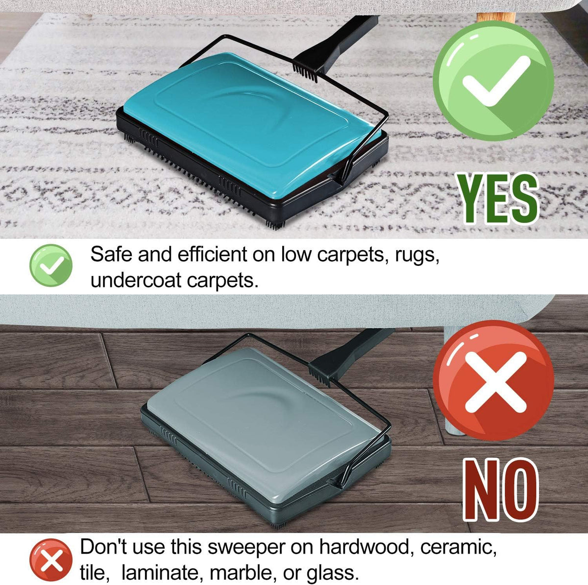 Yocada Carpet Sweeper Cleaner for Home Office Low&Undercoat Carpets Rugs Pet Hair Dust Scraps Paper Small Rubbish Cleaning with a Brush Blue