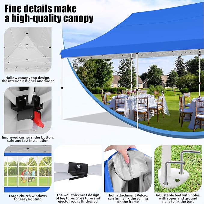 COBIZI Canopy 10x20 Pop Up Canopy Tent with Sidewalls, Waterproof Commercial Canopy Ez Outdoor Instant Gazebo UV Protection 50+ Event Shelter, Garden Tents for Parties with Sandbags, Ocean Blue