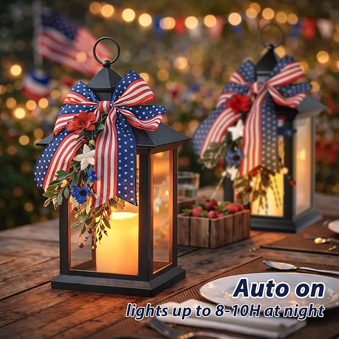4th of July Lanterns Decorative Indoor, Black Lantern Decor with Timer Flameless Candle, Vintage Hanging Patriotic Lanterns, Independence Day Decorations for Home, Table, Porch, Patio, 1 Pack