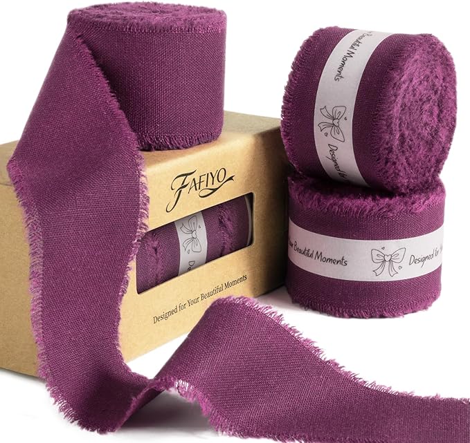 Grape Wine Cotton Ribbon 1-1/2 Inch Grape Wine 3 Rolls 21 Yards Frayed Edge Fabric Set for Wedding Decor, Anniversary Celebration, Bridal Bouquet Wrap, Gift Wrapping & Fall Wedding