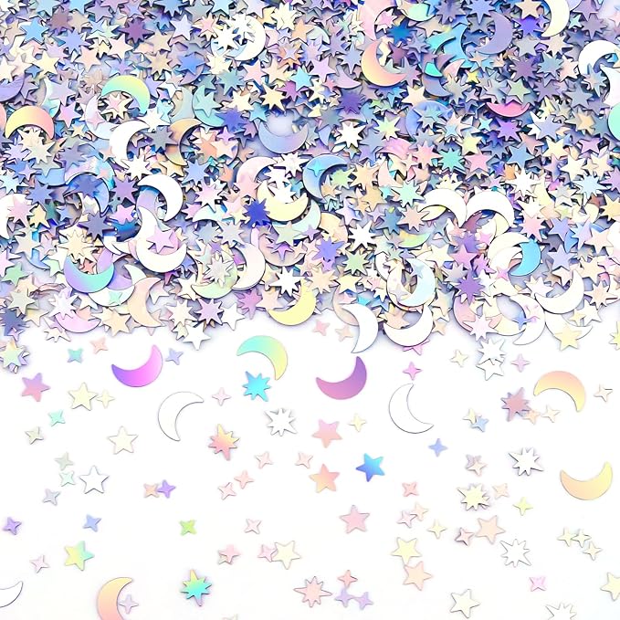 4000 PCS Star and Moon Confetti Glitter, Holographic Metallic Foil Stars Moon Glitter, Sequin Galaxy Iridescent Table Scatter for Wedding, Festival Party, DIY, Unicorn Theme, Birthday (10 mm, 6 mm)