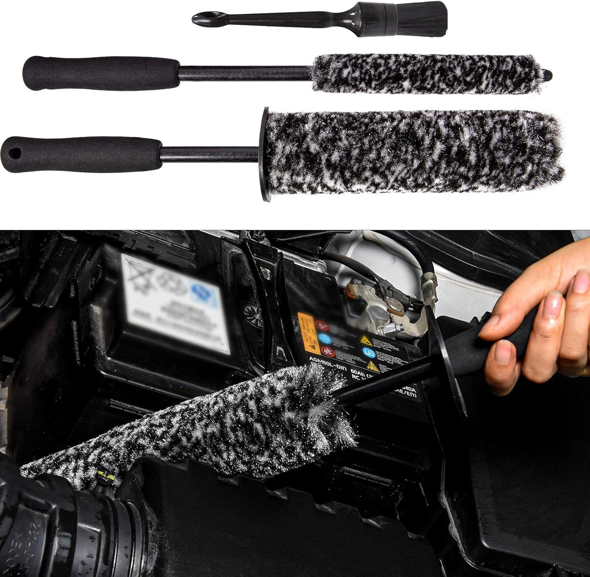 Car Wheel Rim Brush Kit, Woolies Wheel Brush, Car Cleaning Brush Fiber Rod, Steel Ring Fiber Cleaning Brush, Long Non-Slip Handle Clean Brush