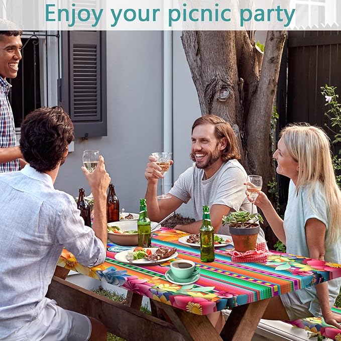 Mexican Fiesta Picnic Table Cover with Bench Covers, Cinco de Mayo Fiesta Waterproof Windproof, Camping Essentials, Fitted Tablecloth Cover with Elastic Edge, for Garden & Outdoor, 3 PCS, 30x96 Inch