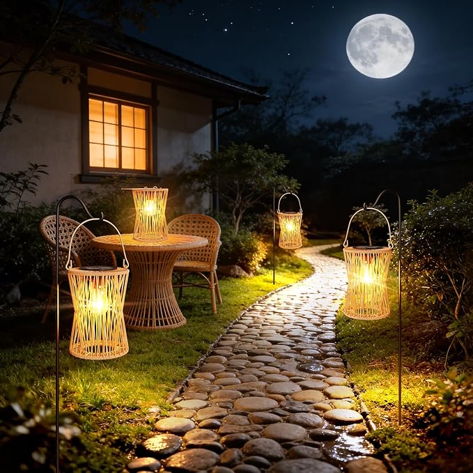 Solar Lanterns Outdoor Waterproof 2 Pack, Upgraded Rattan Hanging Solar Lights for Outside with Handle, Bright Auto On/Off Decorative Outdoor Lanterns for Patio Garden Yard Porch, Gifts for Mom