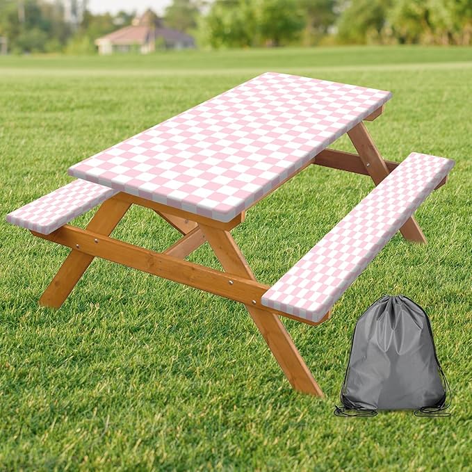 Picnic Table Cover with Bench Covers and Bag, Pink and White Checkered Gingham Buffalo Plaid Camping Tablecloth Cover Waterproof Windproof Elastic Edges Fitted Tablecloths for Outdoor 3PCS 30x72 Inch