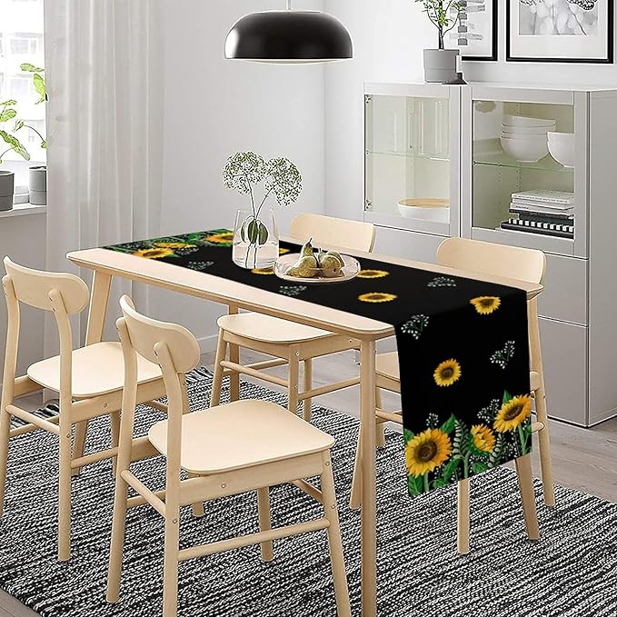 Sunflower Table Runner,Spring Summer Watercolor Floral Plants Leaves Print Table Runner for Kitchen Dining Table Home Holiday Party Indoor Outdoor Decor 13x60in