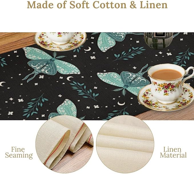 Butterfly Moth Table Runner, Boho Moon Green Leaves Plant Print Table Runner for Farmhouse Kitchen Dining Table Holiday Party Home Decor 13x70in