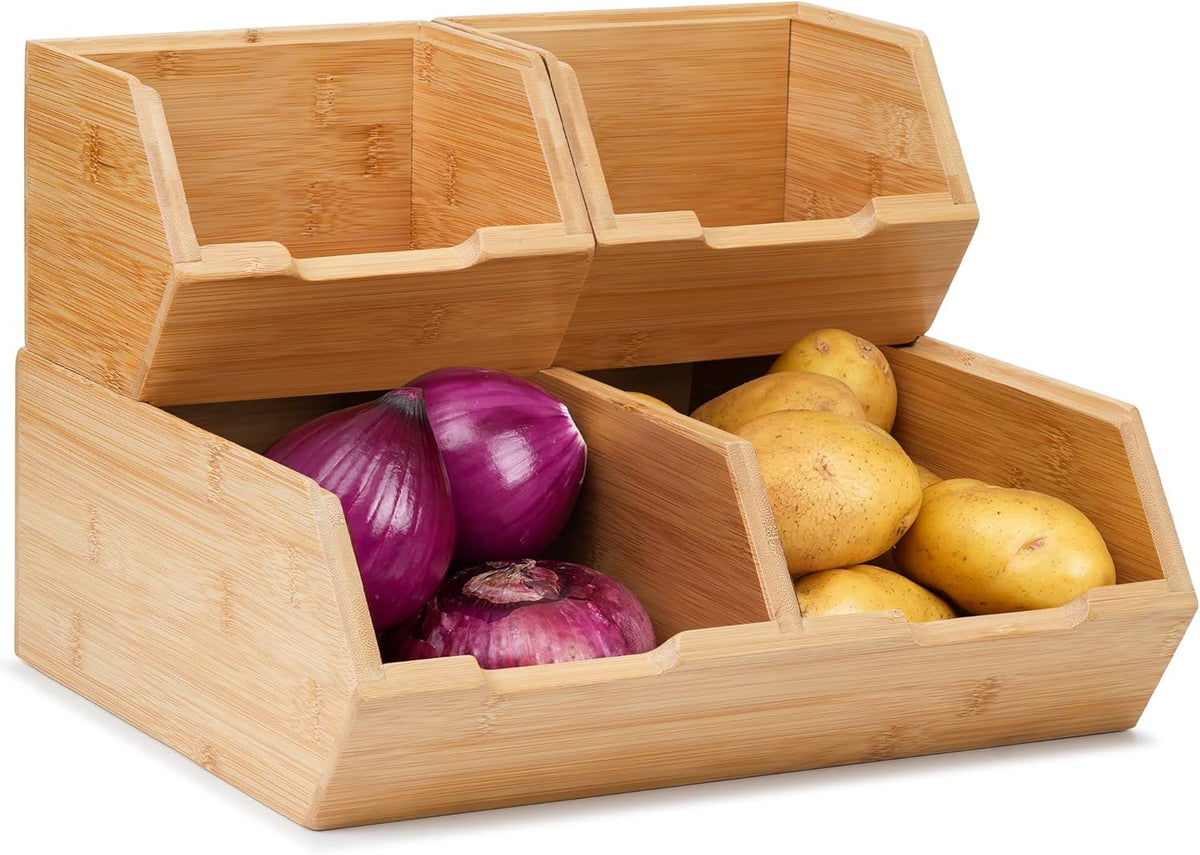 Pantry Storage Bins 3-Pack, Stackable Bamboo Containers for Potato & Onion Storage, Kitchen Organization & Decor