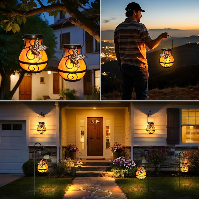 2 Pack Solar Lanterns for Outside Hanging,Solar Garden Lights Outdoor Waterproof with Flickering Flame,Led Lantern for Patio Yard Camping Halloween Decorations,Gardening Gifts for Mom