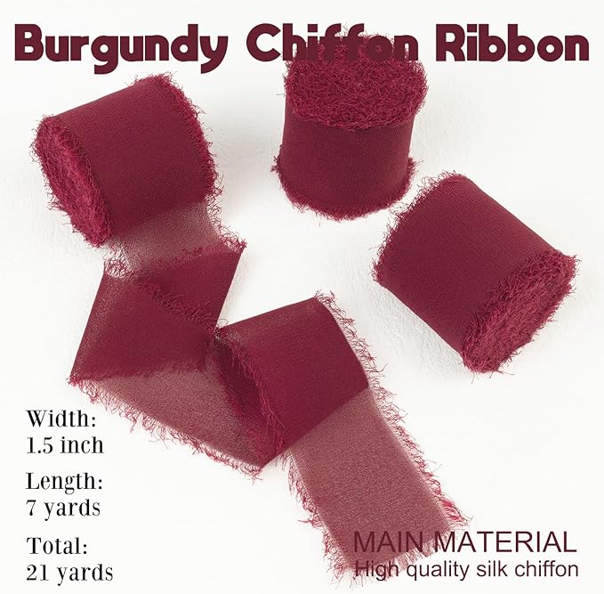Burgundy Chiffon Ribbon - 1-1/2 Inch x 21 Yards Handmade Fringe Silk Ribbon for Boho Wedding, Gift Wrapping & Flower Bouquets