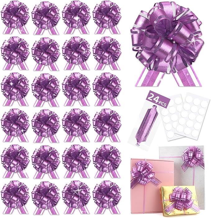 24pcs Purple Pull Bow for Gift Basket Wrapping Xmas Gift Bows Presents Adhesive Wrap Ribbon Bow for Christmas Tree Ornament Wine Bottles Bouquet Flower Valentine's Day Party Decor (Purple-G)