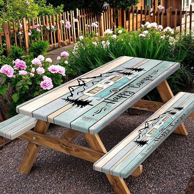 Happy Campers Picnic Table Cover with Bench Covers, RV Camping Tablecloth Fitted Picnic Table Covers, Country Wooden for Rectangle Tables Family Garden Outdoor Party Decorations, 30X72in
