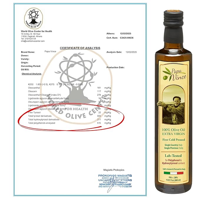 Papa Vince Olive Oil Extra Virgin - First Cold Press Family Harvest 2024/25, Polyphenol Rich, Subtle Peppery Finish, Unrefined