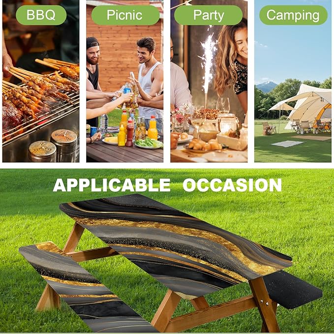 ANNA QUEEN 6FT Black Gold Picnic Table Cover with Bench Covers Picnic Table Cover Set 3PCS 72"x30", Waterproof Outdoor Bench and Tablecloth Furniture Protection for Camping Beach BBQ Patio Backyard