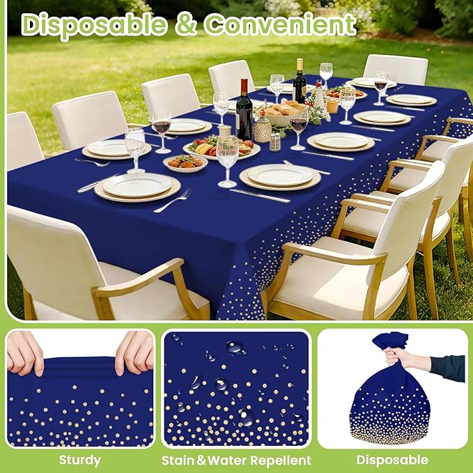 4 Pcs Navy Blue Plastic Tablecloth Gold Dot Blue Table Cloths, 54×108 inches Disposable Gold Dot Confetti Dark Blue Table Cover for Anniversary Friendsgiving Fine Dining Graduation Party Decoration…