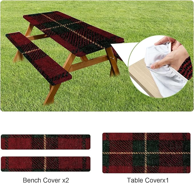 ANNA QUEEN 6FT Red Christmas Picnic Table Cover with Bench Covers Picnic Table Cover Set 3PCS 72"x30", Waterproof Outdoor Bench and Tablecloth Furniture Protection for Camping Beach BBQ