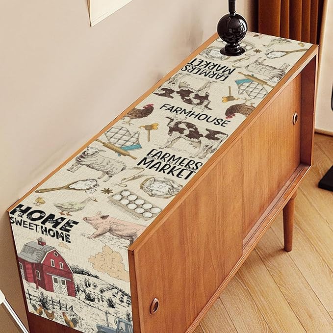 Farmhouse Rooster Table Runner, Rustic Cow Chicken Pig House Animals Coffee Table Center Decor for Family Kitchen Dining Room and Living Room Outdoor Country Holiday Party Table Decorations, 13"x90"