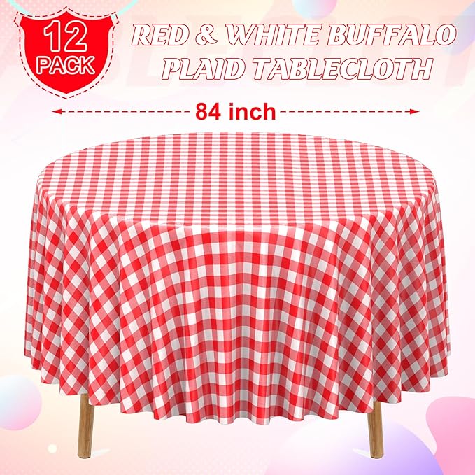 12 Pack Red and White Plastic Checkered Tablecloth Round, Premium Decorative Disposable Red Gingham Plaid Table Cloths for Parties, Round Party Table Cover for Picnic Farm Birthday Wedding, 84 Inch