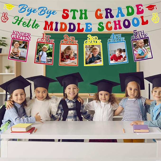 5th Grade Graduation Decorations - 3PCS Bye Bye 5th Grade Graduation Banners Photo Banner Decor, Colorful Primary Elementary School Congrats Grad Party Supplies (No-DIY)