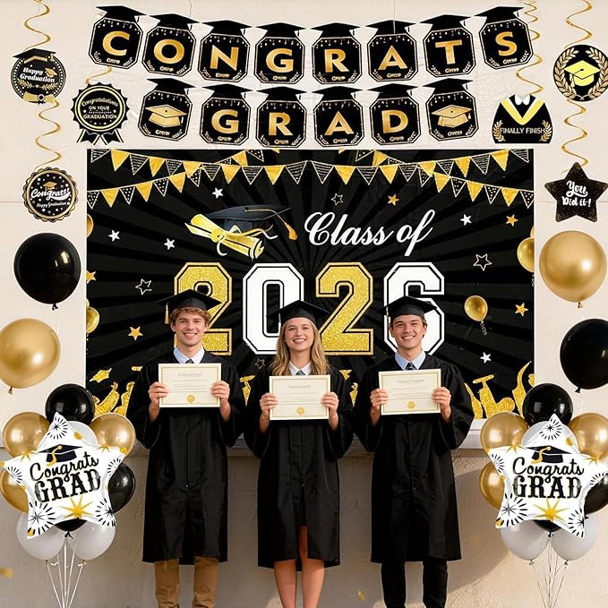 Black Gold Graduation Decorations 2026, Graduation Party Decorations Set with Class of 2026 Backdrop Congrats Grad Banner Foil Star Balloon Grad Balloon Hanging Streamers Kit for High School College