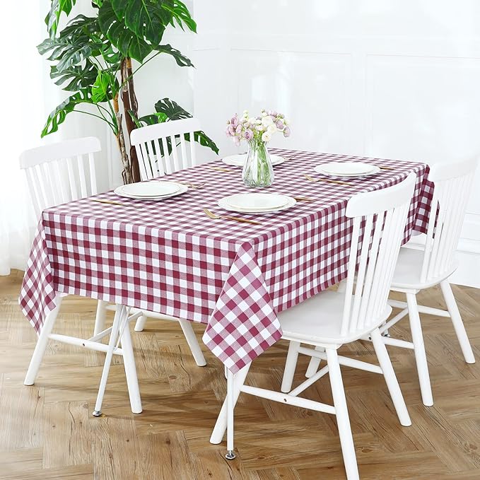Romanstile Rectangle Vinyl Tablecloth, 100% Waterproof Buffalo Gingham Plastic Table Cloth, Heavy Duty Wipeable Checkered Table Covers for Outdoor, Camping, Picnic, Patio - 60 x 102, Burgundy