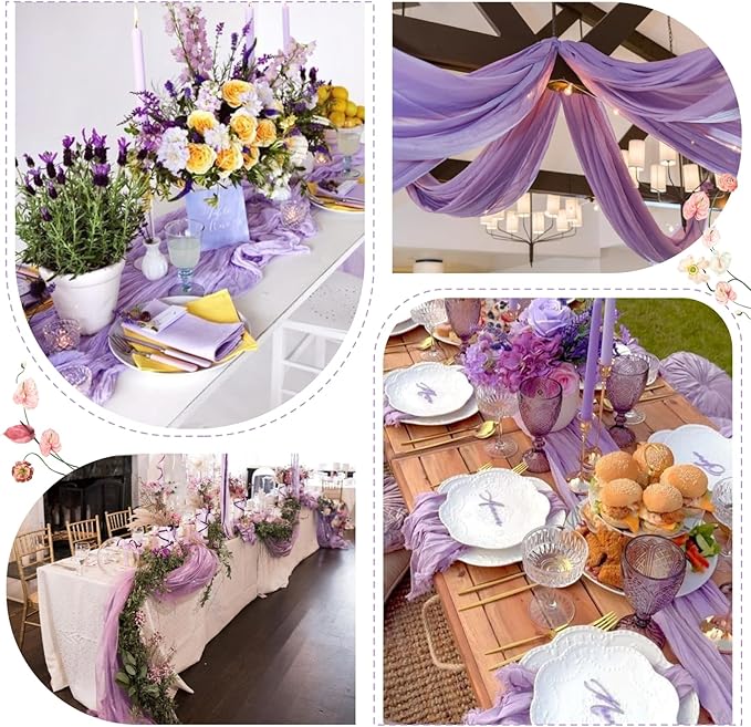 Sioloc 10 Pack Lilac Purple Lavender Cheesecloth Table Runner 120'' x 35'',Spring Easter Decor Soft Gauze Boho Wedding Table Decor for 10ft Table Birthday Party,Baby Shower, Bridal Shower