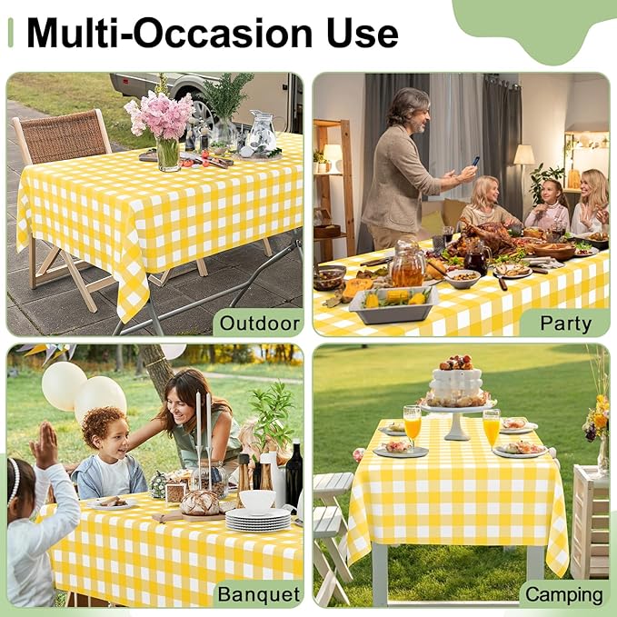 Smiry 3 Pack Yellow Gingham Disposable Tablecloths - 54" x 108" Heavy Duty Plastic Table Cloth, Waterproof Buffalo Plaid Table Covers for Picnic, Banquets, Outdoor Parties