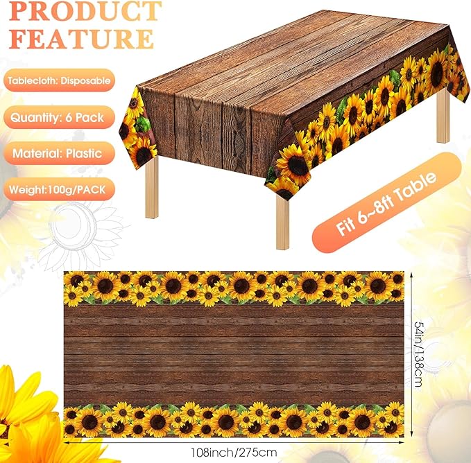 Tegeme 6 Pcs Sunflower Wood Grain Plastic Rustic Tablecloth Vintage Rectangle Table Covers Countryside Outdoor Tablecloth for Dining Table Kitchen Party Banquet, 54 x 108 Inch