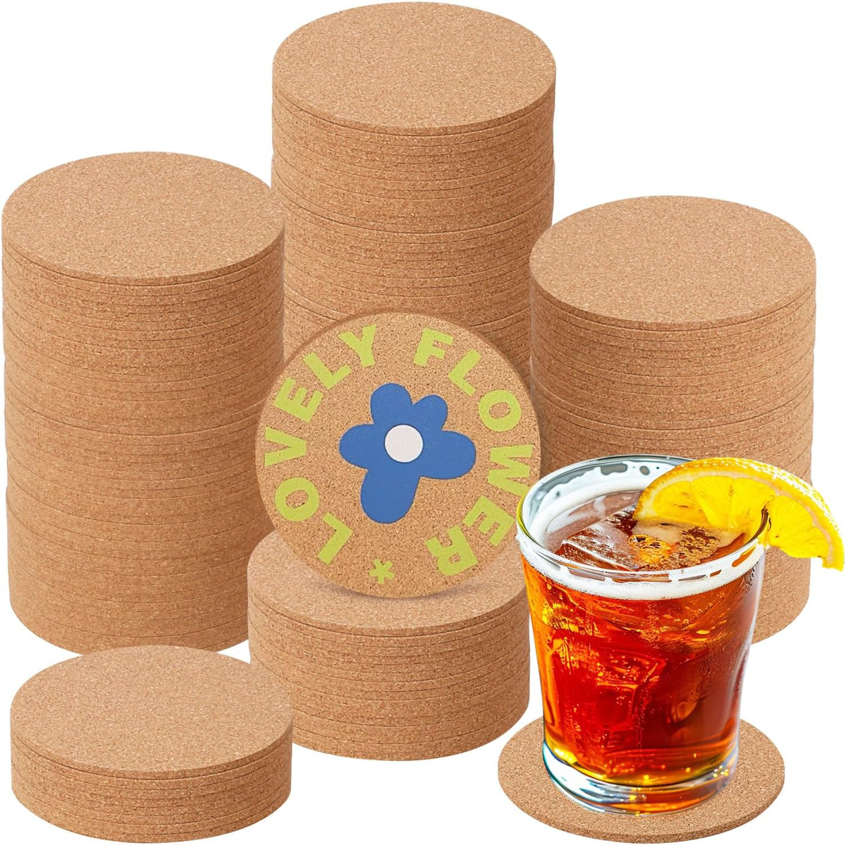 150 Pieces 4 Inch Cork Coasters for Drinks, 100 mm Round Cork Coasters, Non-Slip, Heat-Resistant, Absorbent & Reusable