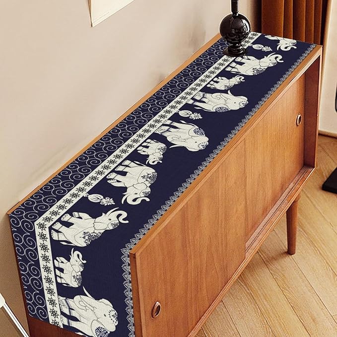Boho Elephant Table Runner, Rustic African Tribal Traditional Diwali India Ethnic Folk Rustic Blue Coffee Table Center Decor for Home Kitchen Dining Holiday Party Outdoor Table Decorations, 13"x36"