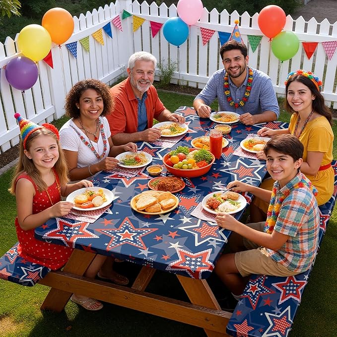 Picnic Table Cover with Bench Covers Windproof Waterproof Picnic Table Covers Camping Tablecloth with Self-Storage Bag, 72in, Starry Navy