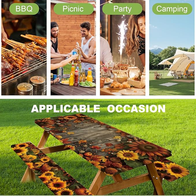 ANNA QUEEN 6FT Sunflower Picnic Table Cover Set 3PCS 72"x30", Waterproof Outdoor Bench and Tablecloth Furniture Protection for Camping Beach BBQ Patio Backyard (Sunflower Farm)