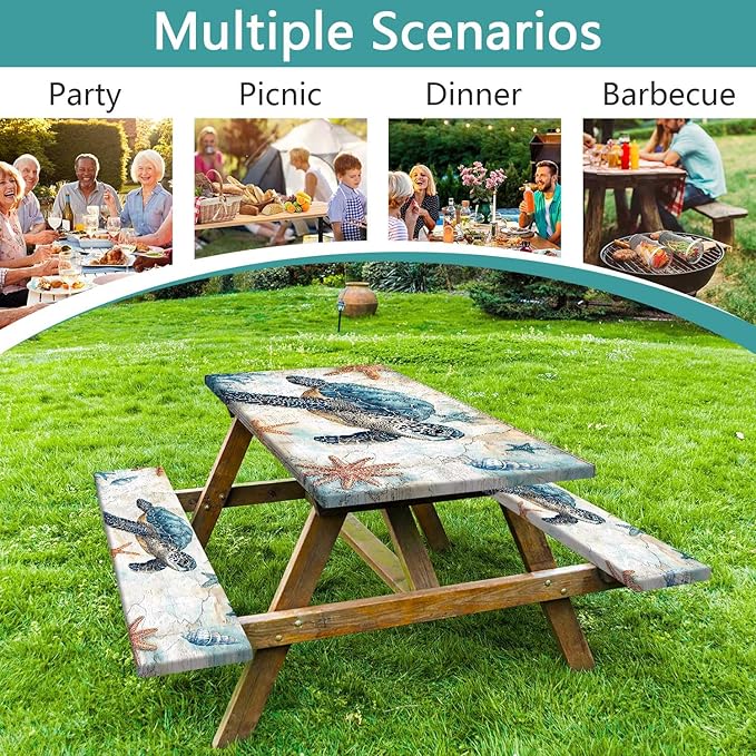 Picnic Table Cover with Bench Covers 6FT, Camping Essentials, Nautical Sea Turtle Ocean Windproof Waterproof Picnic Table Cloth, Fitted Tablecloth with Elastic Edge for Indoor Outdoor 3PCS 30x60 Inch