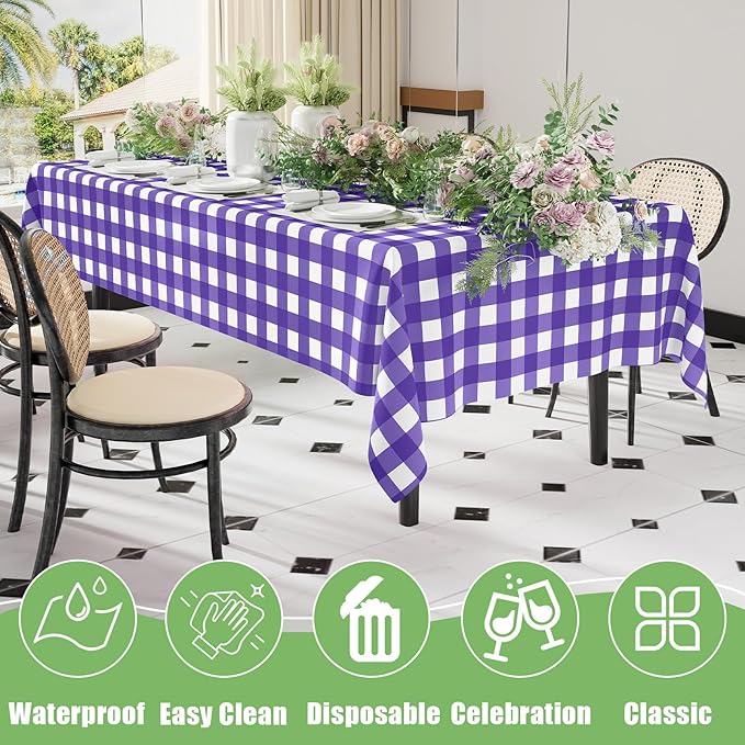 Smiry 3 Pack Purple Gingham Disposable Tablecloths - 54" x 108" Heavy Duty Plastic Table Cloth, Waterproof Buffalo Plaid Table Covers for Picnic, Banquets, Parties