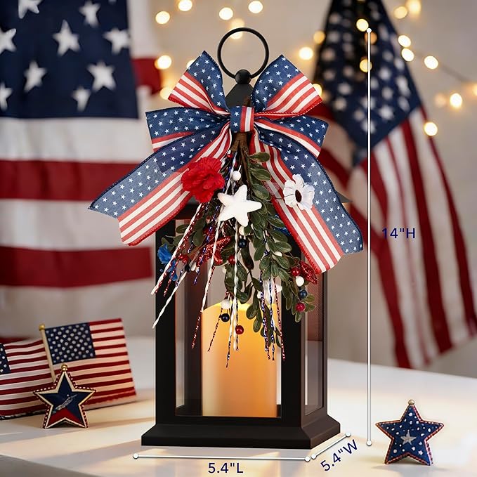 Patriotic Lanterns Decorative Indoor, 14" Black Lantern with Timer Flameless Candle, Battery Operated Waterproof Outdoor Hanging 4th of July Lanterns for Porch, Patio, Patriotic Decorations