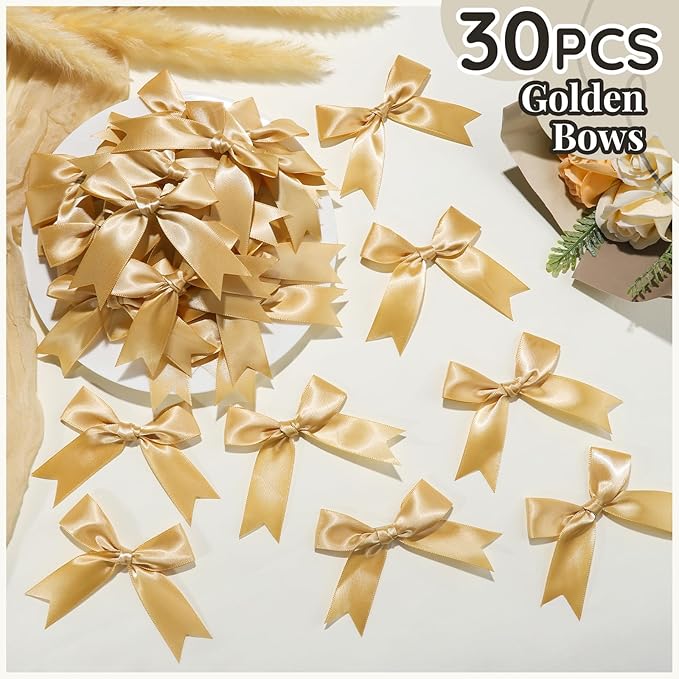 YGDZ Gold Bows, Satin Self Adhesive Gold Ribbon Bows for Crafts, Small Bow with Double-Sided Tape, Mini Bows for Gift Wrapping, Balloons, Wedding Decor, Party Favors
