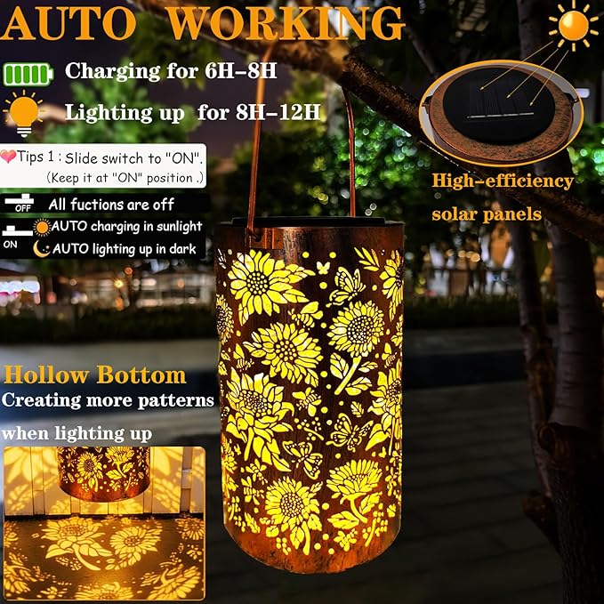 Merrytech Gardening Birthday Gifts for Mom Women Grandma,Solar Lanterns Outdoor Waterproof,Garden Decor Outside Sunflower Bee Butterfly, Hanging Yard Art Lights Solar Powered,Patio Decorations,Porch