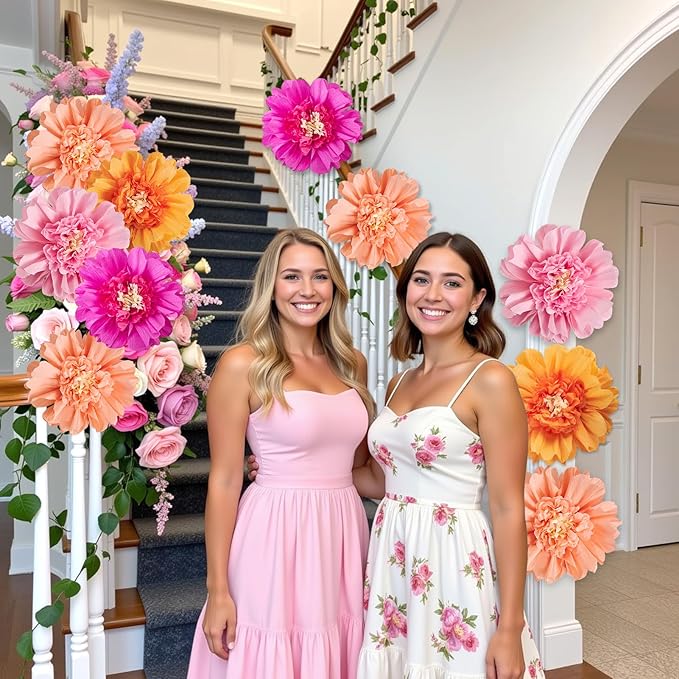 SUNBEAUTY 12PCS Large Paper Flowers 12 Inch Pink Orange Tissue Paper Flowers Pink Orange Giant Crepe Paper Flowers for Girl Women Birthday Wedding Flower Backdrop Wall Spring Garden Party Supplies