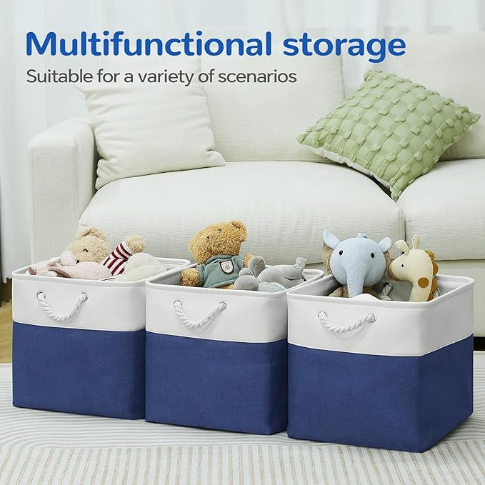 12 x 12 Inch Cube Storage Bins, 4 Pack Fabric Storage Basket with Handles, Foldable Boxes Organizer for Shelf Baskets for Home, Clothes (White/Blue)