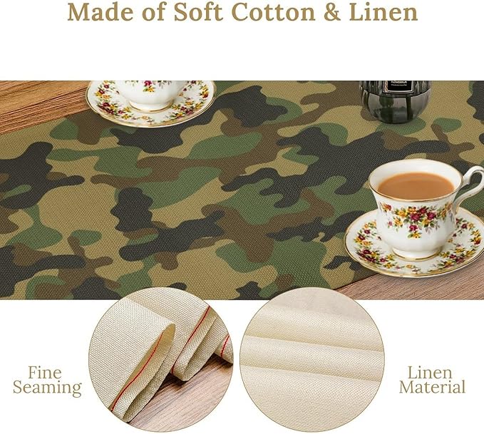 Camo Table Runner, Military Camouflage Coast Guard Force Soldier Hunting Themed Table Runner for Holiday Birthday Party Home Kitchen 13x70in