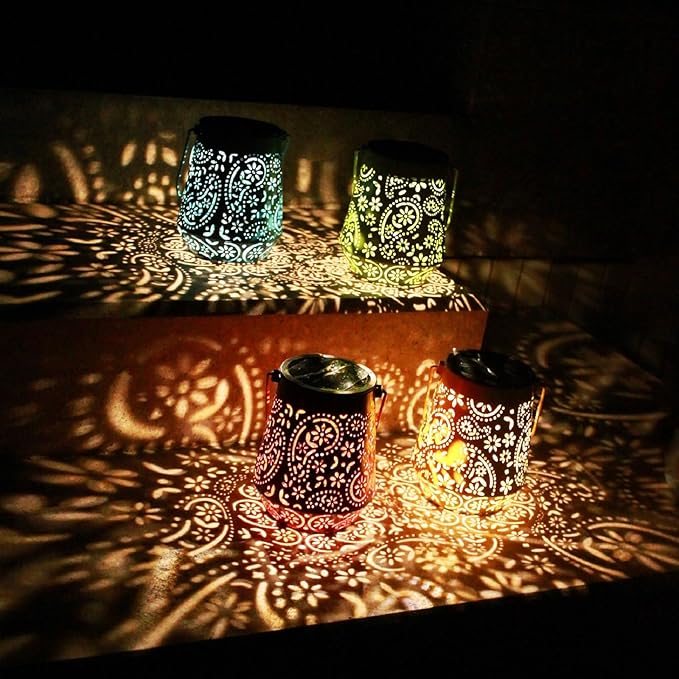 Solar Lanterns Outdoor Waterproof Hanging Solar Lantern, Retro 4 Colors LED Solar Powered Lantern Lights with Handle for Patio Garden Yard Pathway Lawn Porch Decor (4 Pack)