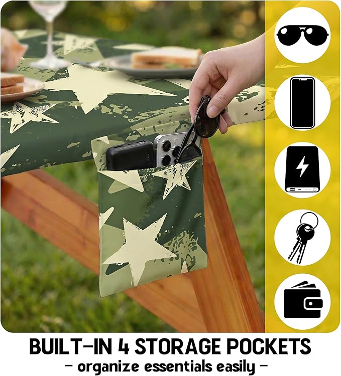 Picnic Table Cover with Bench Covers Waterproof Elastic Tablecloth Camping Essentials Gear Table Cloth Outdoor Glamping Cool Camping Gifts for Camper RV Owner Camping Lovers Family Couple Women Men
