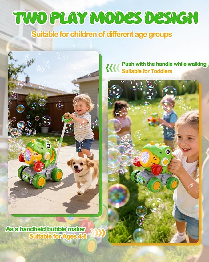 Dinosaur Bubble Lawn Mower for Toddlers, Rechargeable Automatic Bubble Blower with Lights,Handheld and Push 2 in1 Bubble Blower for Kid, Perfect for Party Favors and Activities for Girls and Boys