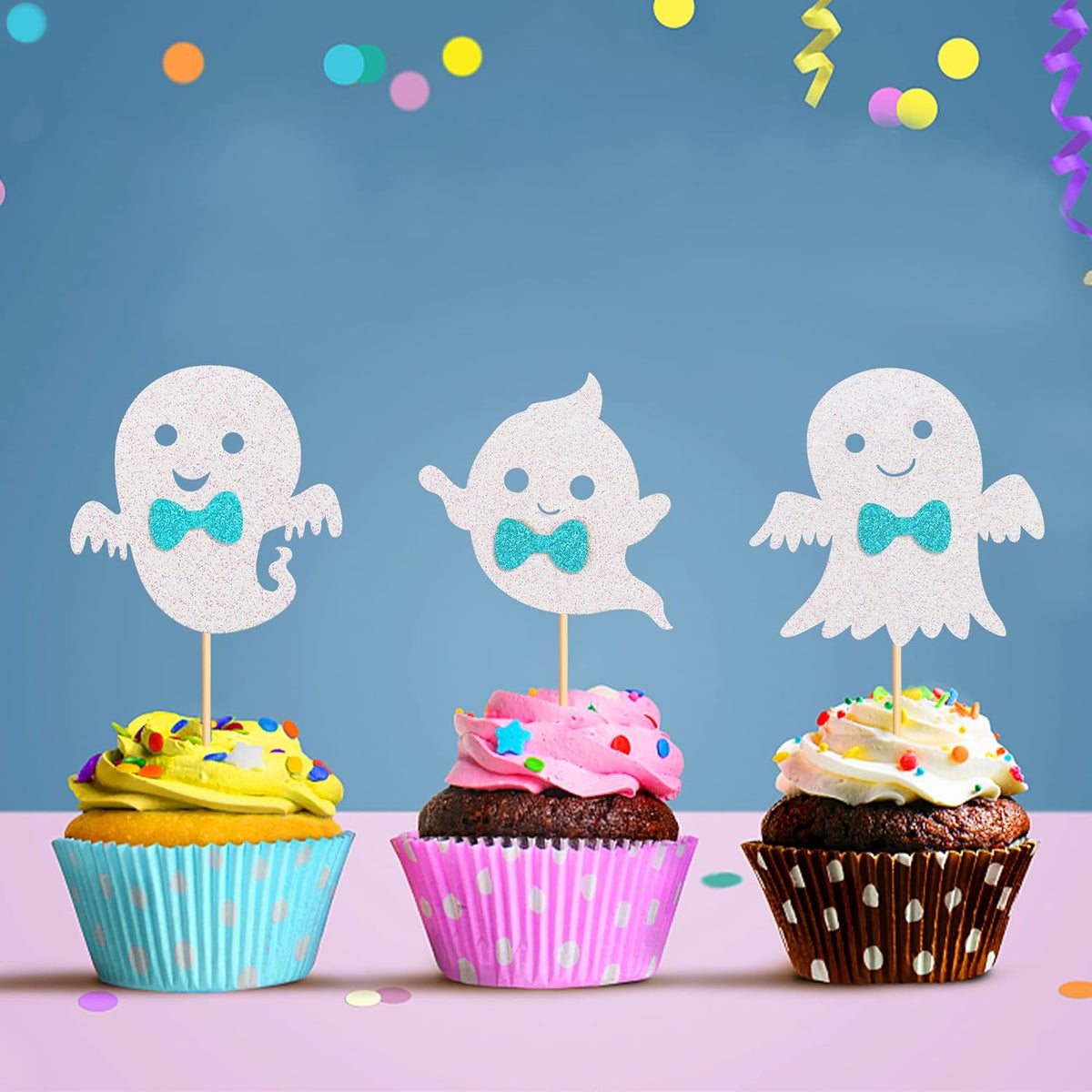 24Pcs Ghost Cupcake Toppers - Bule Halloween, Bule and White Halloween Birthday Decorations, Bule Halloween Baby Shower Decor, Ghost Decorations