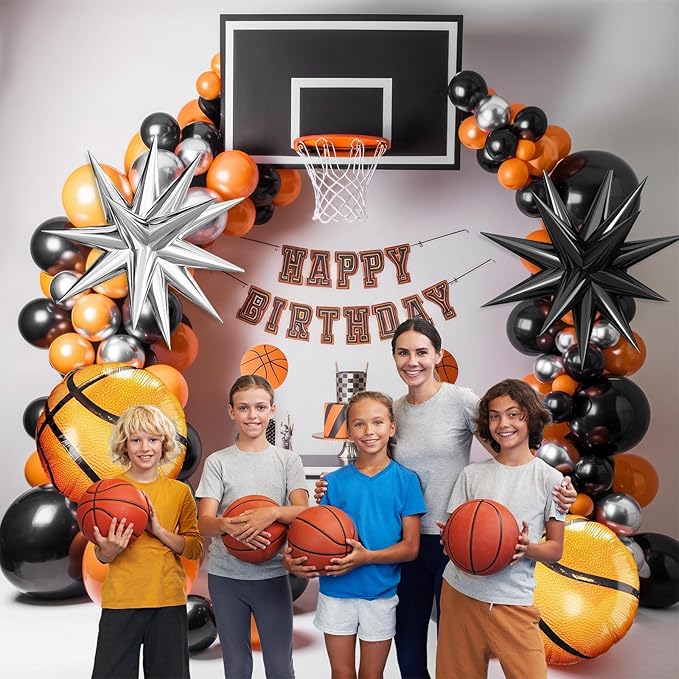 Basketball Balloons Arch Kit, Black Orange Metallic Silver Balloons Garland with Explosion Star and Basketball Foil Balloons for Boy Sport Theme Party basketball Star Teenagers Birthday decoration