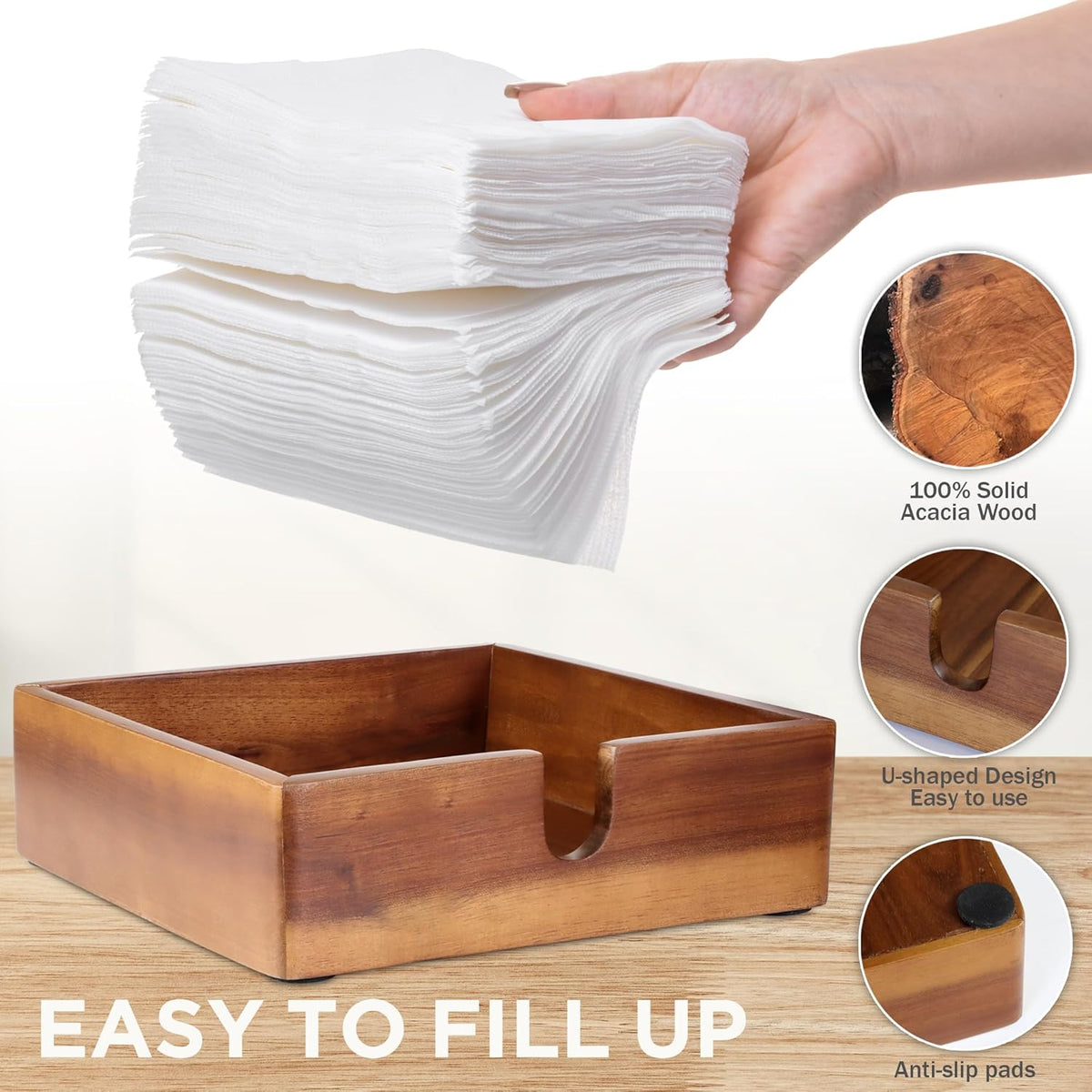 Acacia Lunch Napkin Holder 7.8 x 7.8 inches for Dining Table and Kitchen – Napkin Dispenser Made from Brown Acacia Wood