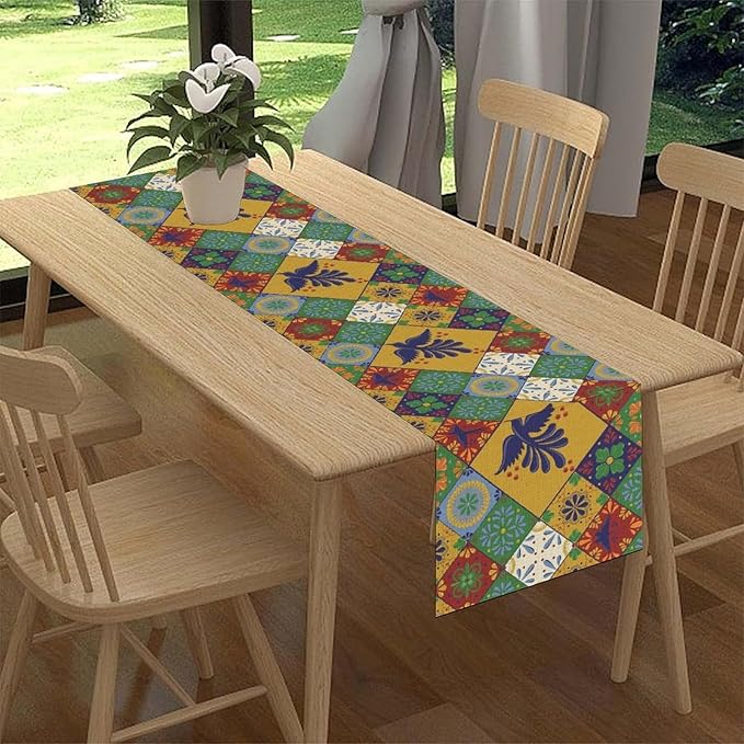 Mexican Table Runner, Orange Floral Birds Mexico Talavera Ceramic Dia De Los Muertos Coffee Table Center Decor for Family Home Kitchen and Dining Farmhouse Indoor Outdoor Table Decorations, 13" X 72"
